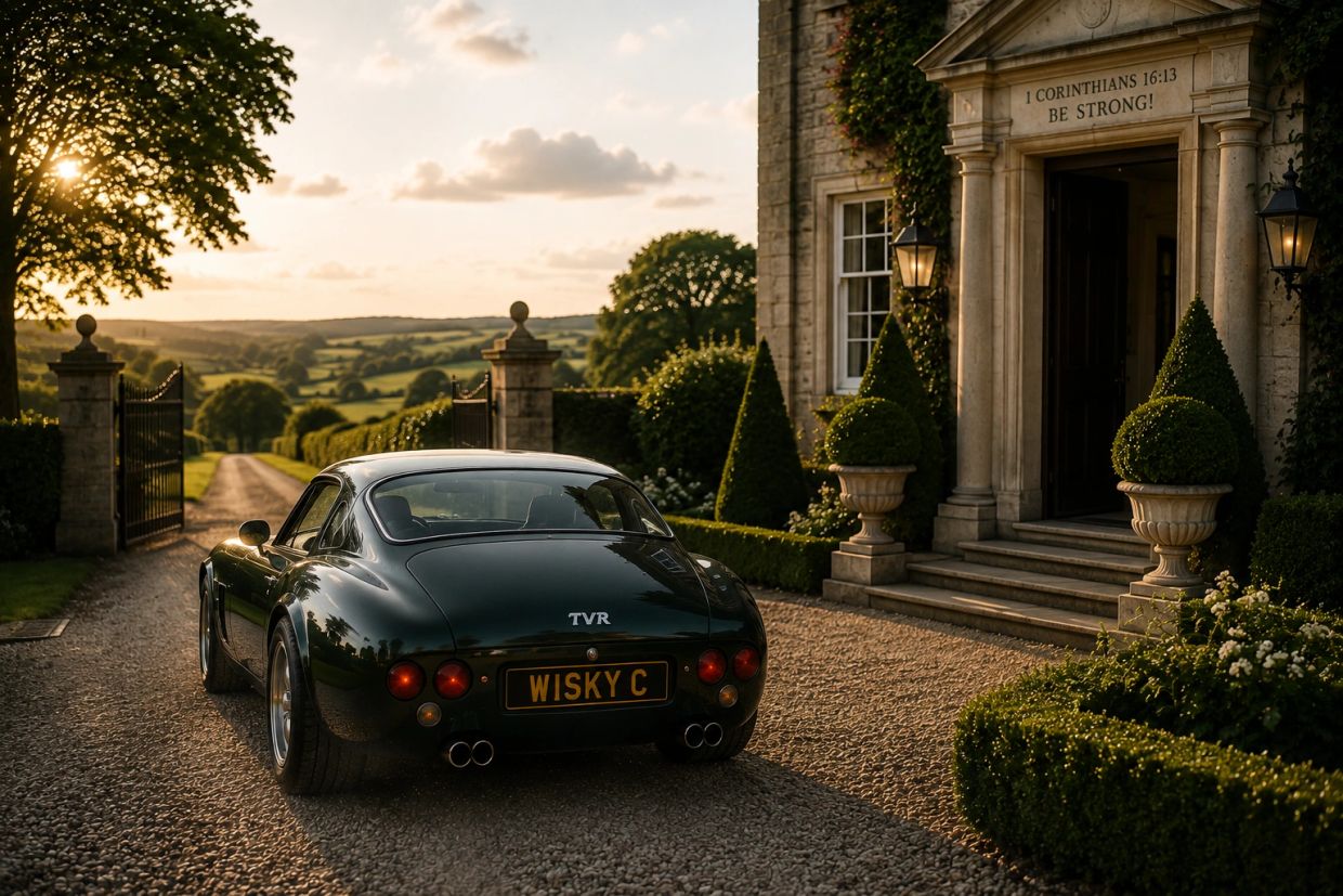 Classic TVR car parked by a stately home at sunset.