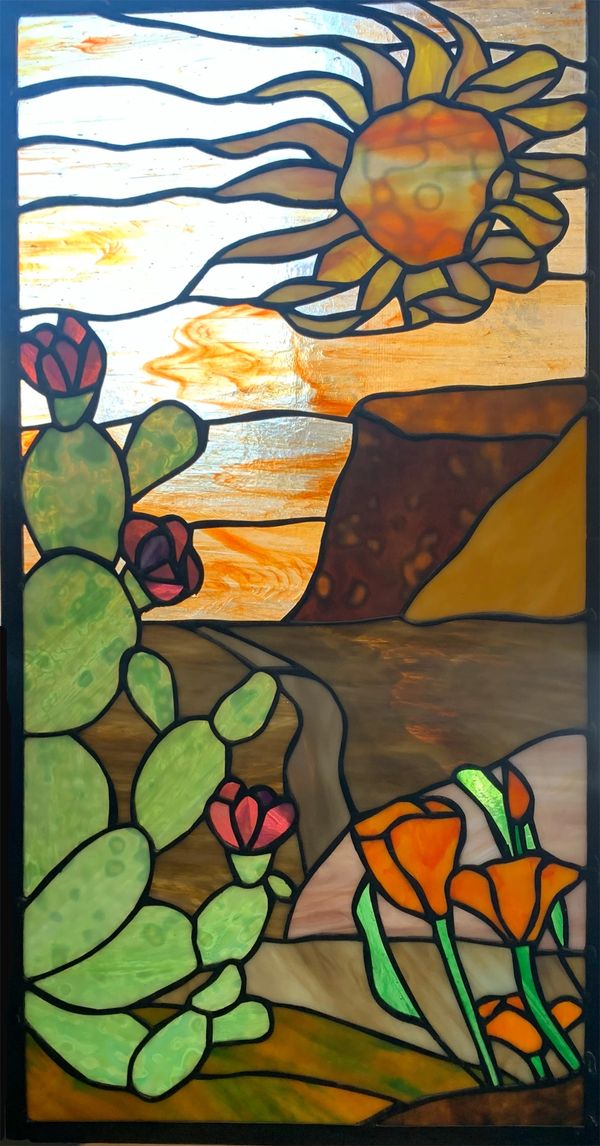 Desert theme stained glass window 12 7/8" x 25"