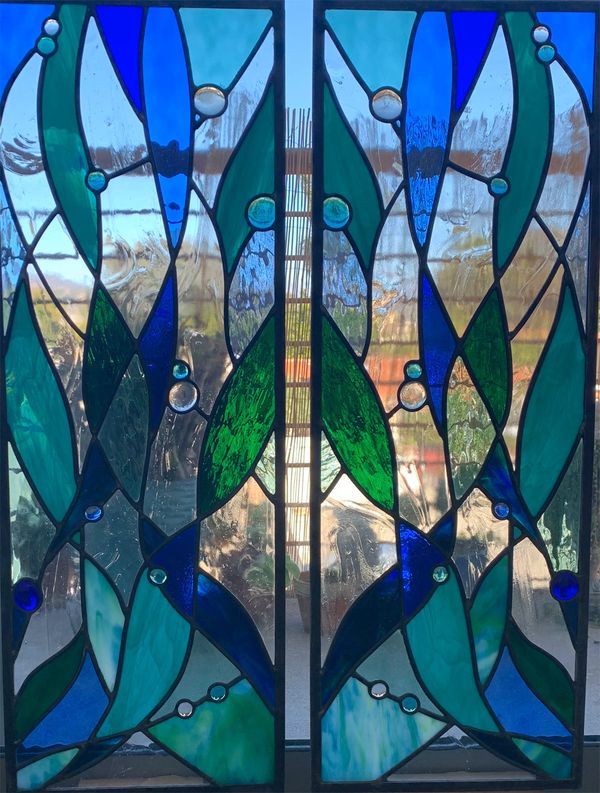 Seaweed inspired stained glass window 13" x 35 3/4"