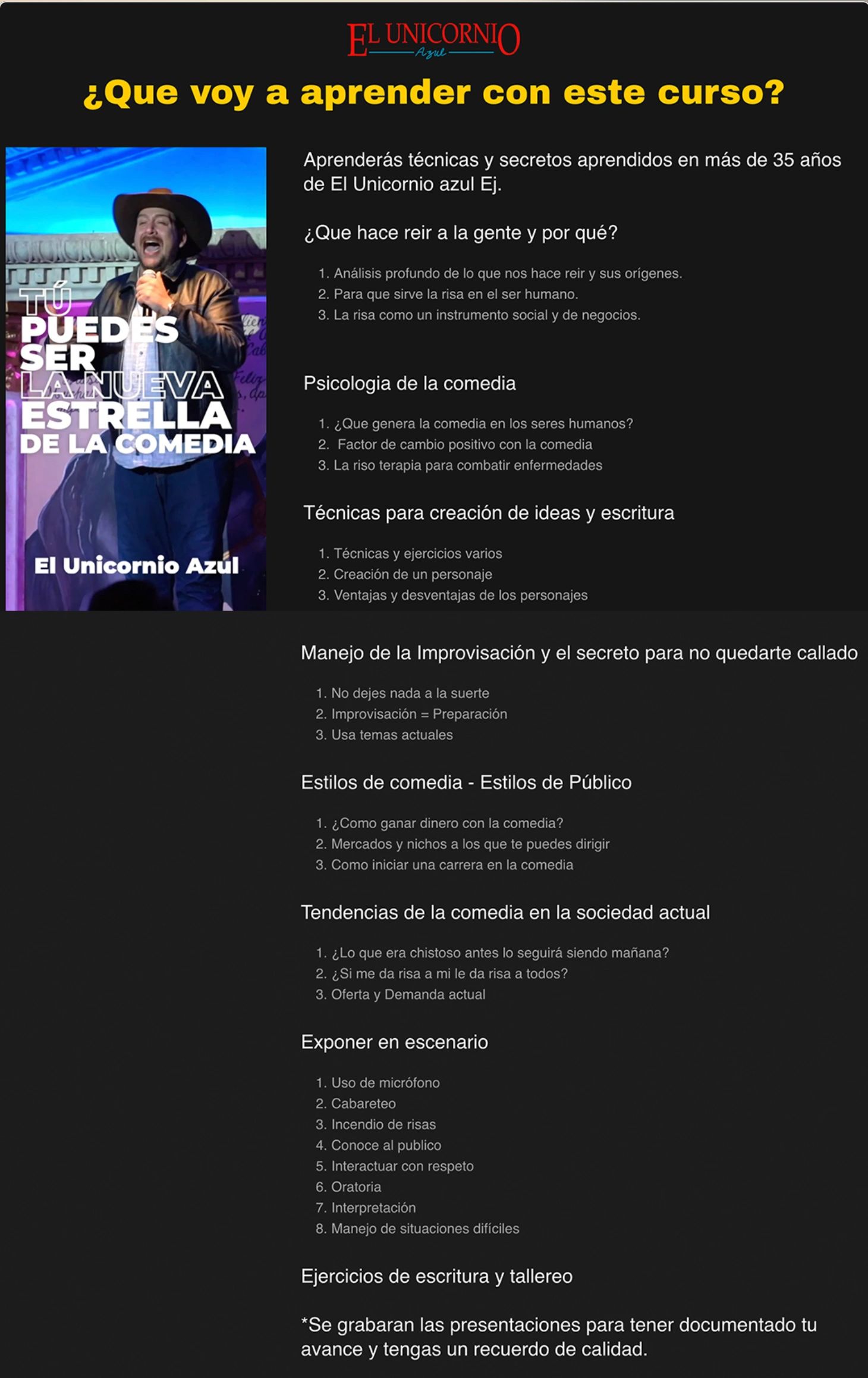 Temario del curso de comedia impartido por Juan Antonio Leal en El Unicornio Azul