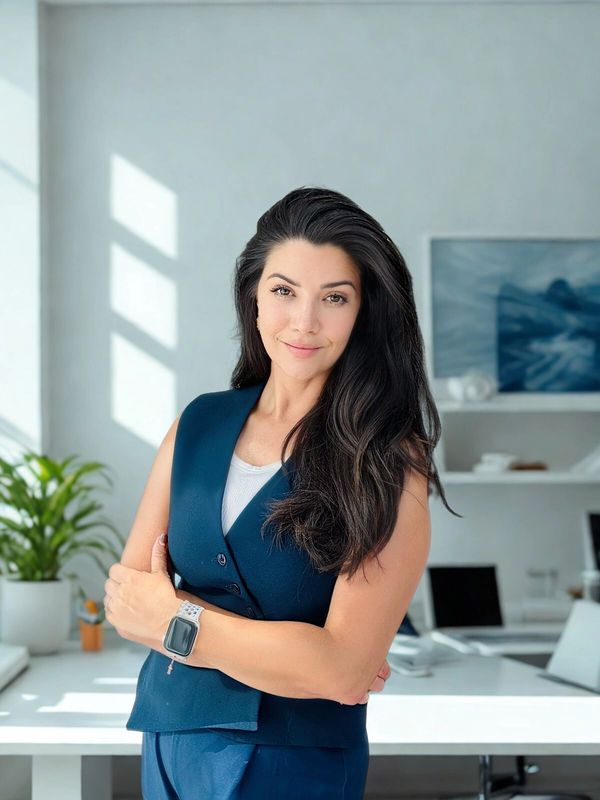 Confident woman with long dark hair in a modern office setting.