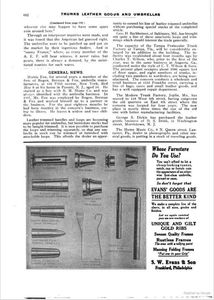 Vintage newspaper page about trunks, leather goods, umbrellas, and umbrella parts.