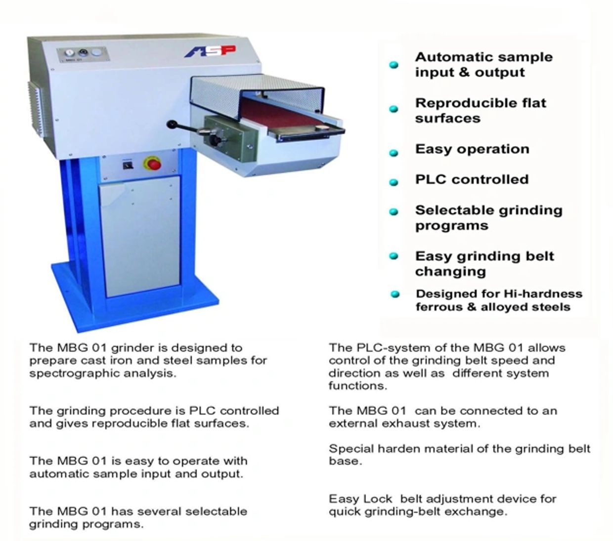MBG 01 grinder with automatic sample input, PLC control, and selectable grinding programs for steel samples.