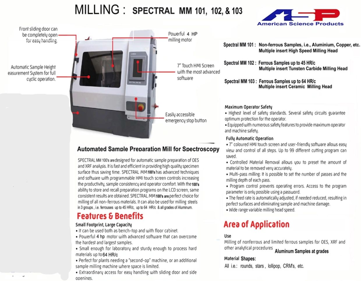 Automated Spectral MM 101, 102, & 103 mills with touch screen and safety features for sample preparation.