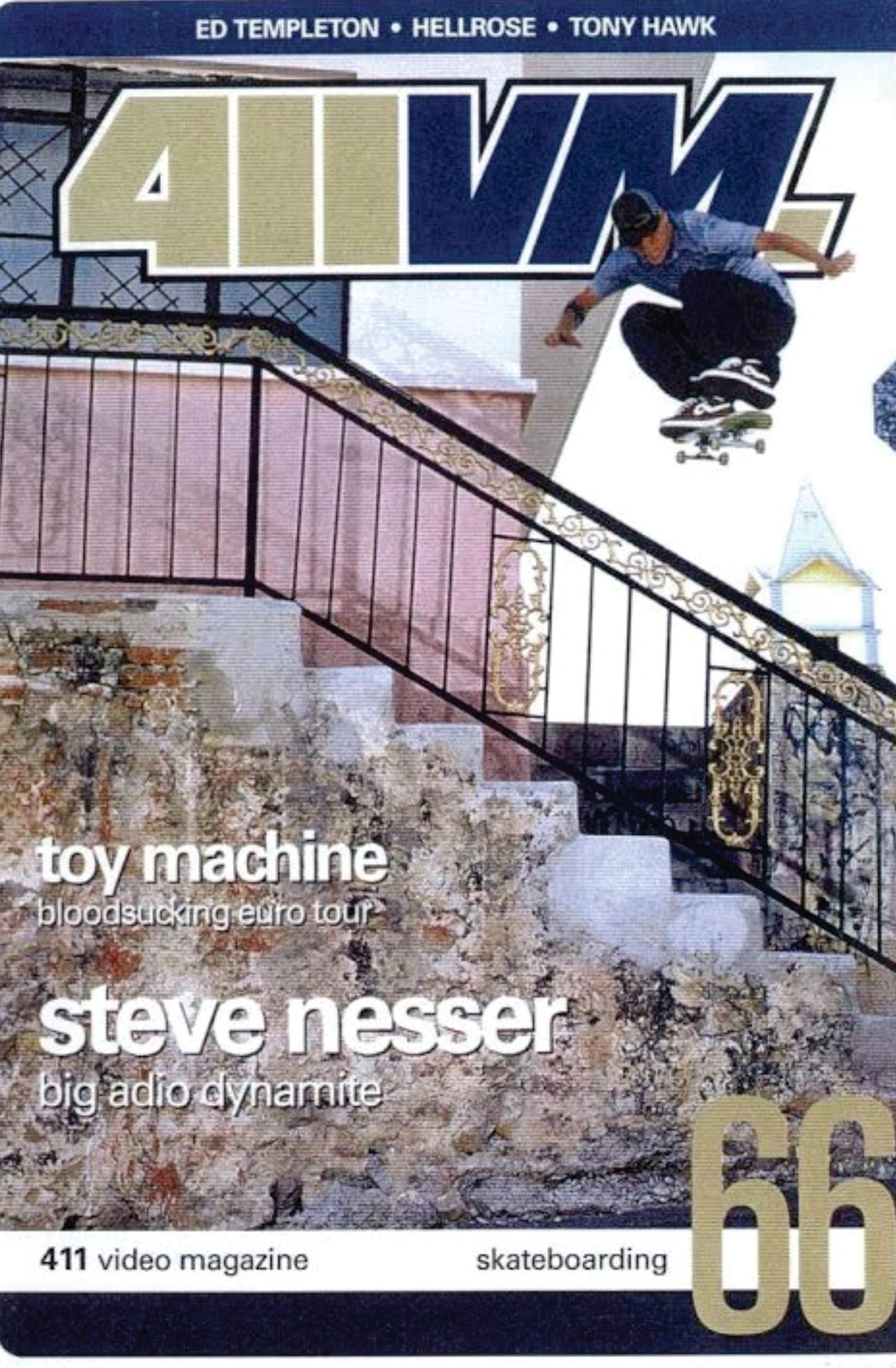 Skateboarder performing an ollie down a long stair rail on a magazine cover.