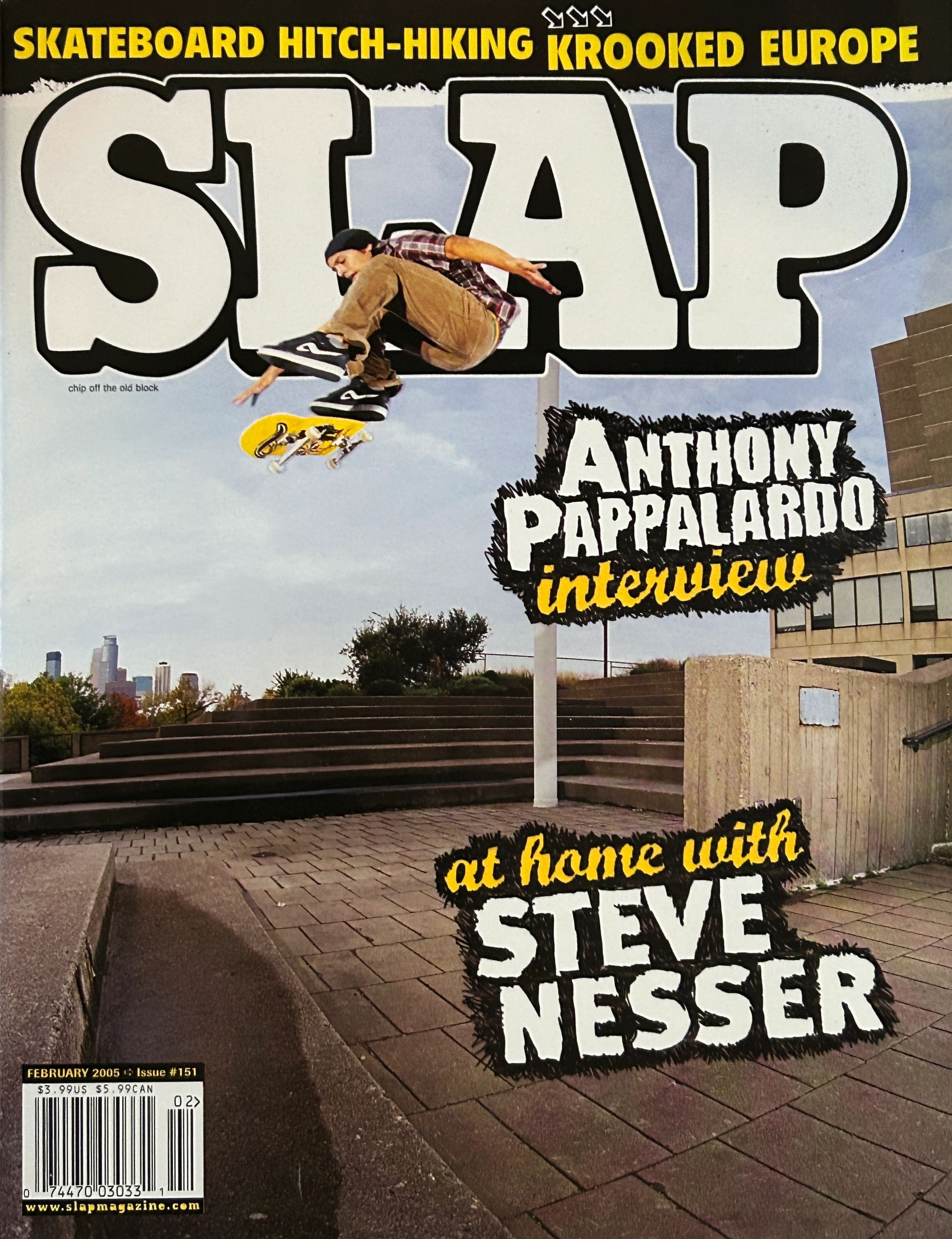 Skateboarder performing a trick mid-air in urban setting on SLAP magazine cover.
