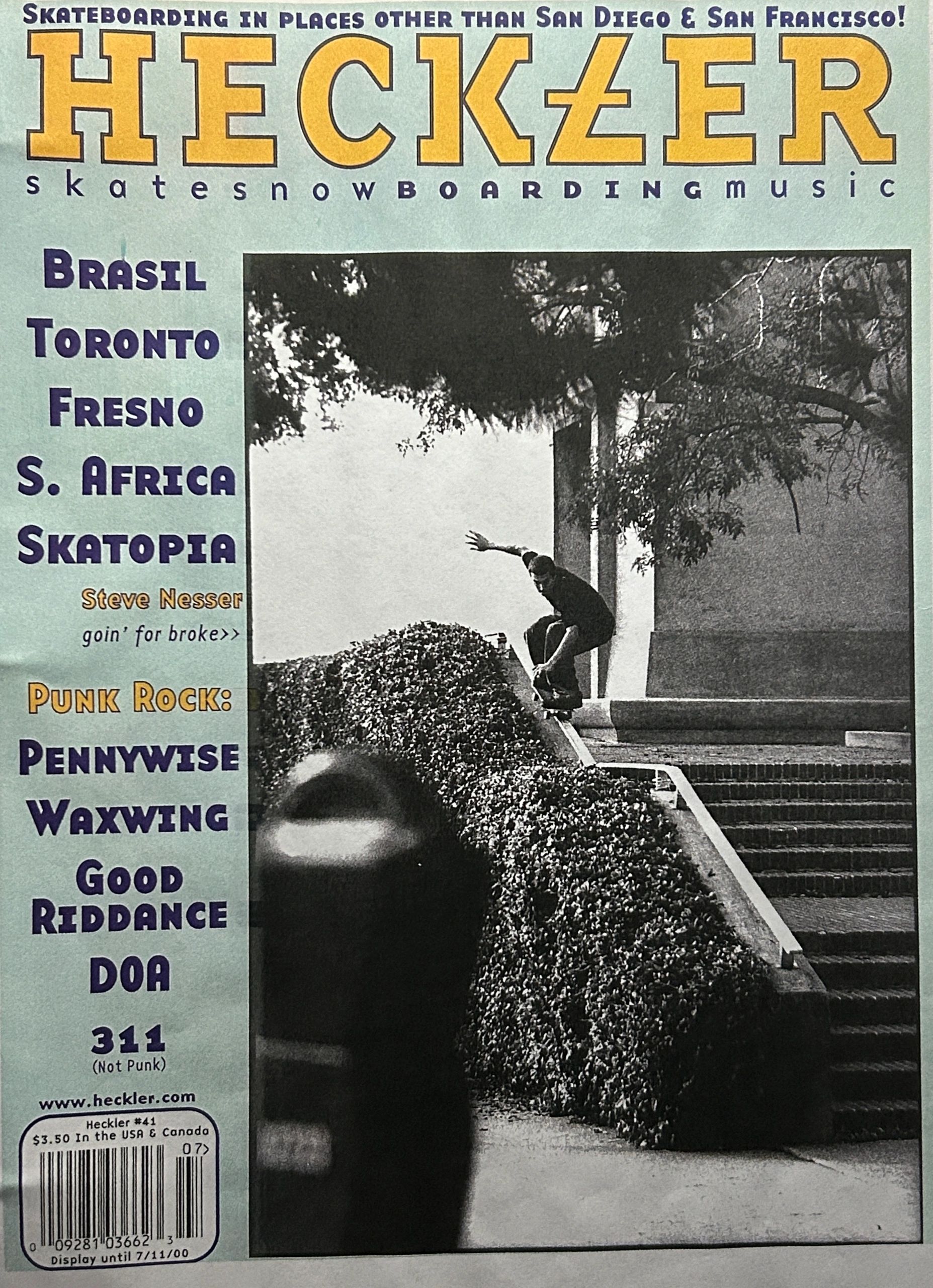 Heckler magazine cover featuring skateboarding and punk rock bands.