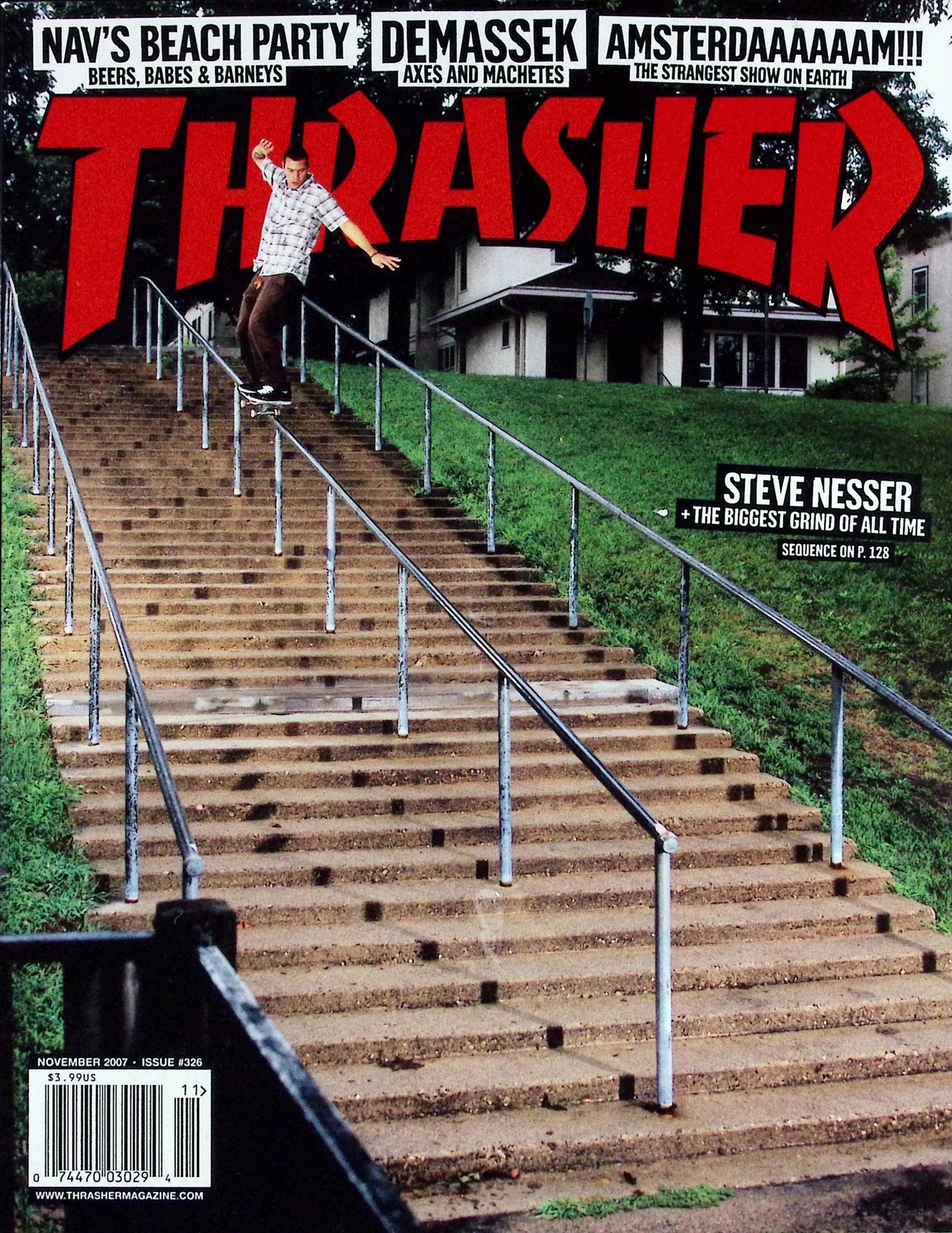Skateboarder Steve Nesser grinding a long handrail on a stair set, featured on Thrasher magazine cover.