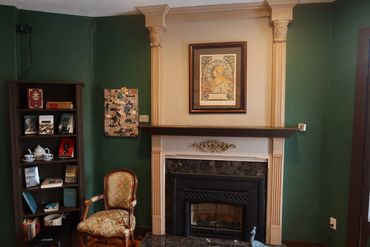 fireplace in Inn bookstore