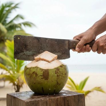 Hands holding a cleaver cutting a green coconut on a wooden block.