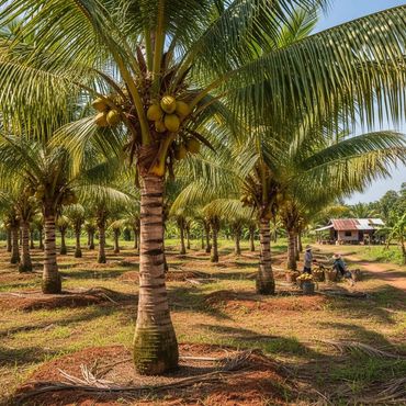 Coconut palm farm with ripe coconuts and two workers harvesting.