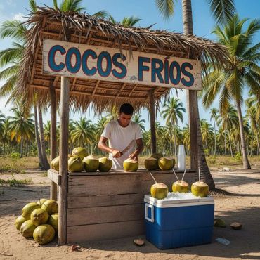 A man prepares fresh coconuts at a roadside stand under a palm tree canopy.