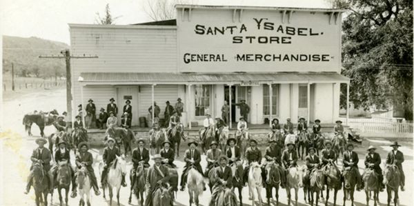 Group of men on horses in front of Santa Ysabel Store, circa 1896.
