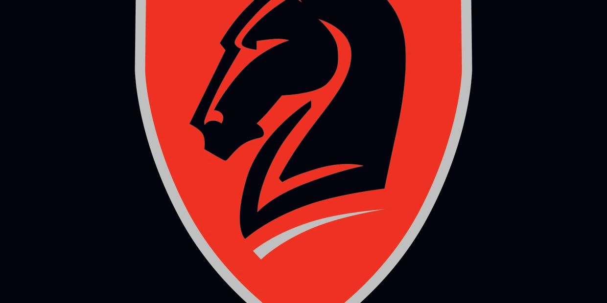 A black horse head silhouette inside a red shield with grey border.