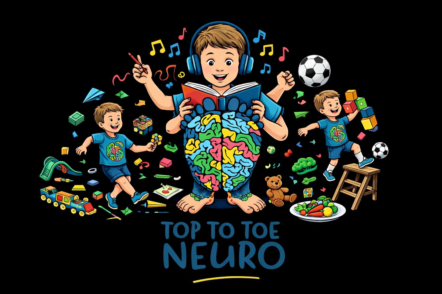 Illustration of a boy engaged in multiple activities representing neurodiversity from top to toe.