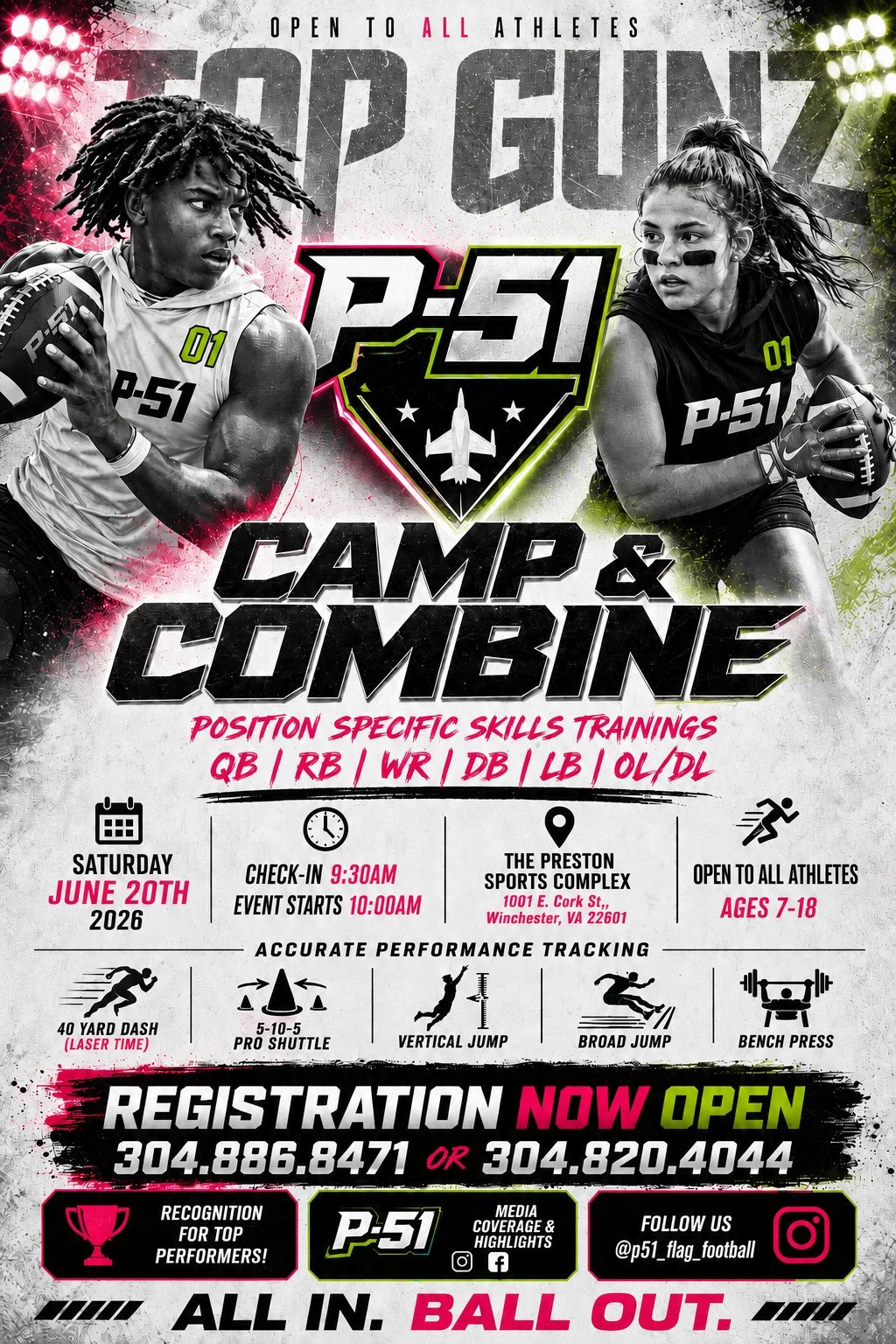 Flyer for P-51 Camp & Combine with athletes, date, location, and registration info.