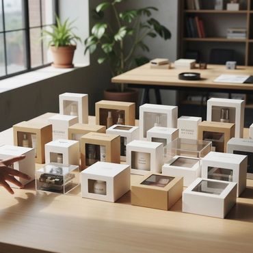 A variety of skincare product boxes displayed on a wooden table in a cozy, sunlit room.