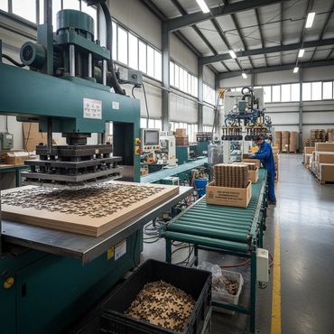 Factory assembling wooden jigsaw puzzles on conveyor belts with machinery.
