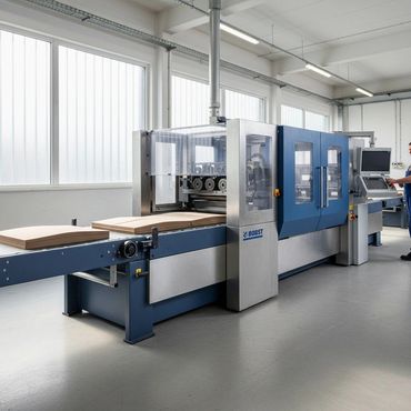 Industrial machine processing cardboard sheets in a factory setting.