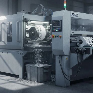 Industrial machine processing sheet materials in a factory setting.