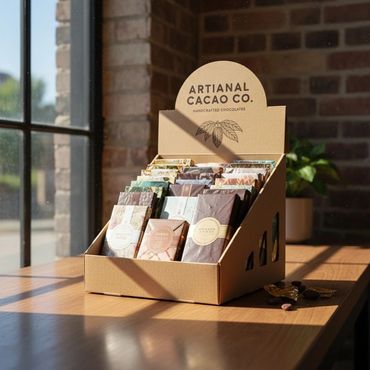 Artisanal chocolate bars displayed in a rustic cardboard box on a wooden table.