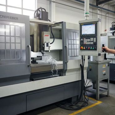 A CNC machine operates in an industrial workshop with metal shavings visible.