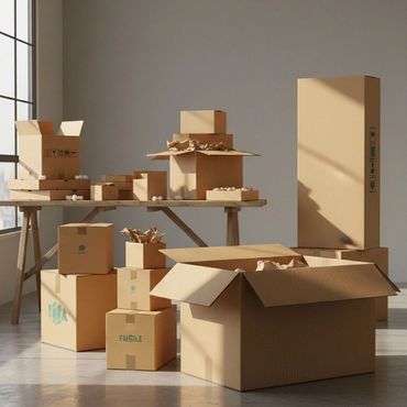 Various cardboard boxes, some open and packed, in a sunlit room near a window.
