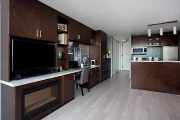 Modern living space with dark wood cabinetry, built-in TV, and a small kitchen area.