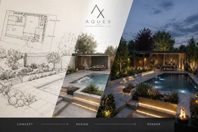 A poolside outdoor living space evolving from sketch to render.