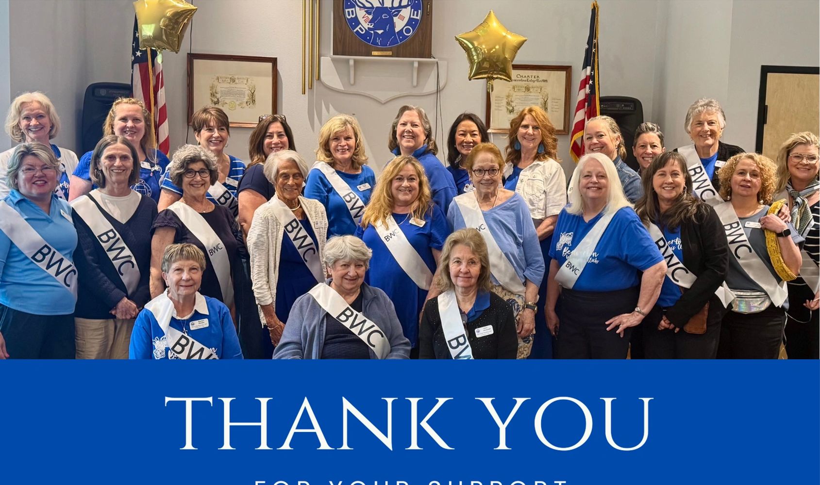 Group photo of Beaverton Woman's Club members with thank you message.