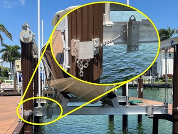 A dock with a detailed close-up of a secured metal chain and bracket on a wooden post.