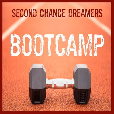 Dumbbell on track with 'Second Chance Dreamers Bootcamp' text.
