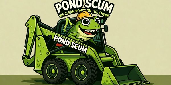Cartoon frog operating a green skid steer loader with 'Pond Scum' text.