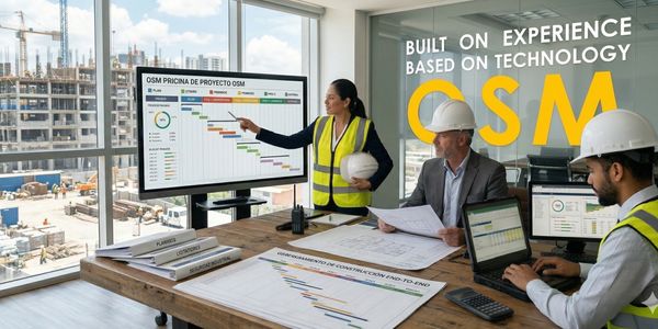 Team reviewing construction project plans in a modern office with a city view.