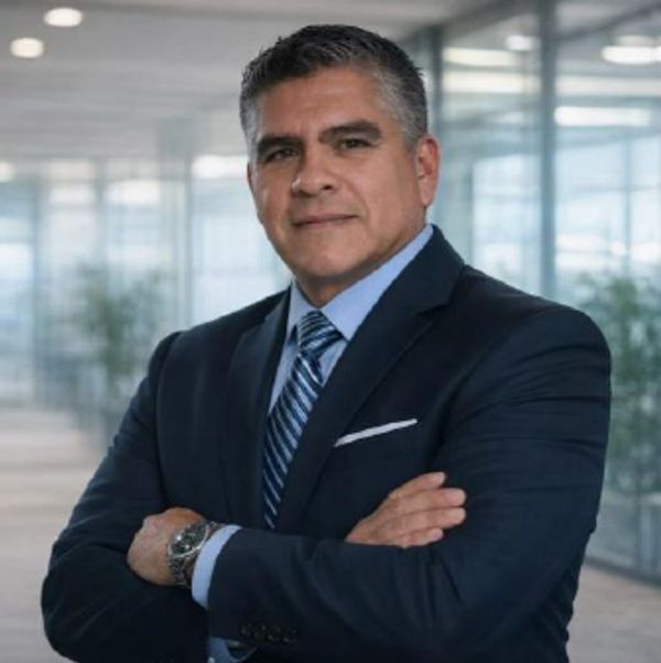 Confident businessman in a navy suit with arms crossed.