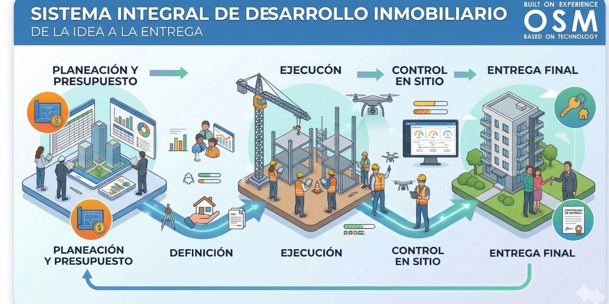 Diagram illustrating integrated real estate development from planning to final delivery.