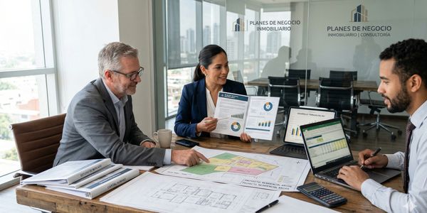 Three professionals discussing real estate business plans with charts and blueprints.