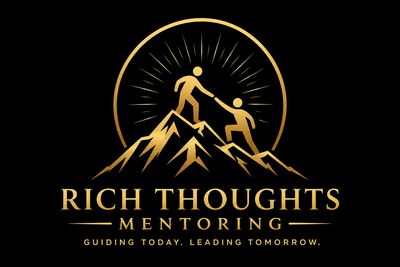 Logo of Rich Thoughts Mentoring with mountain and helping hands.