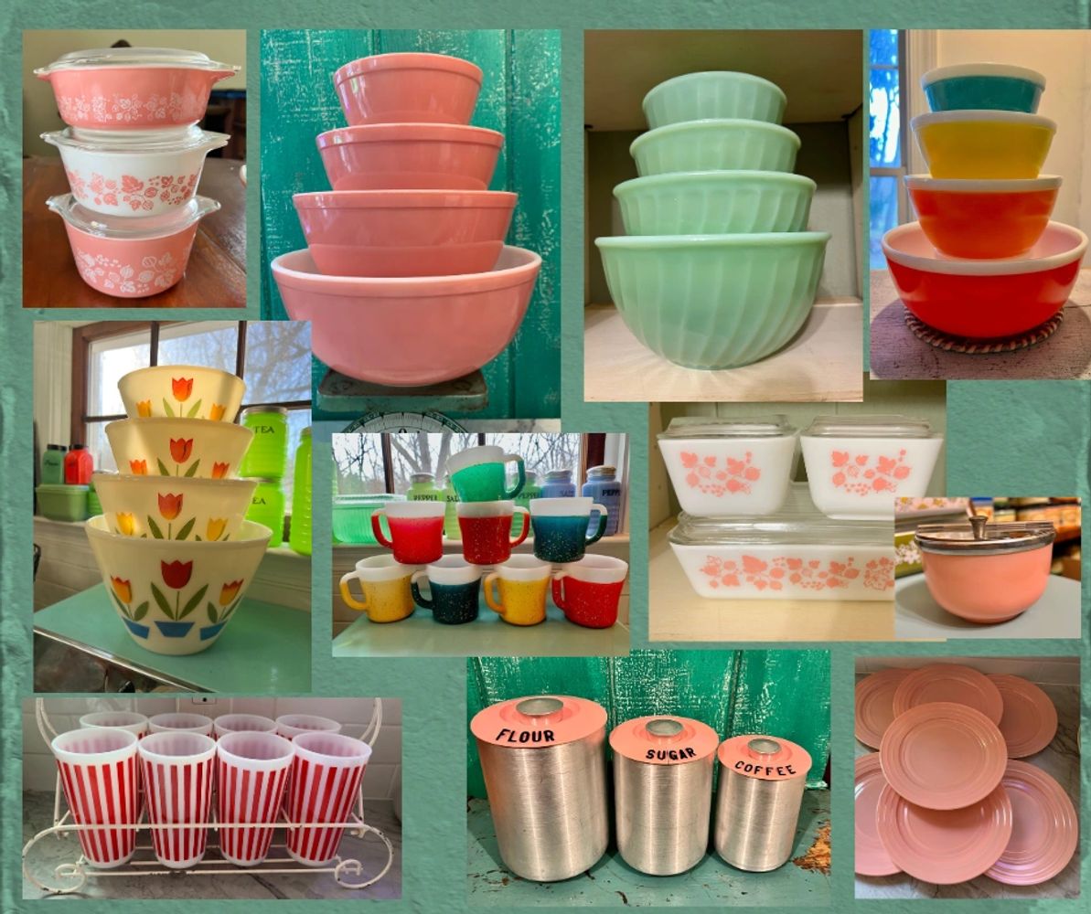 Pink Pyrex, Kromex, Glamalite, Hazel Atlas tumblers, Pink Gooseberry, Fire King Tulips, Jadeite.