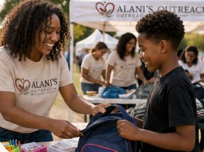 Volunteer gives backpack to boy at outreach event.