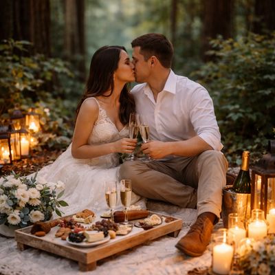 Couple kissing during a cozy forest picnic with candles and fairy lights.