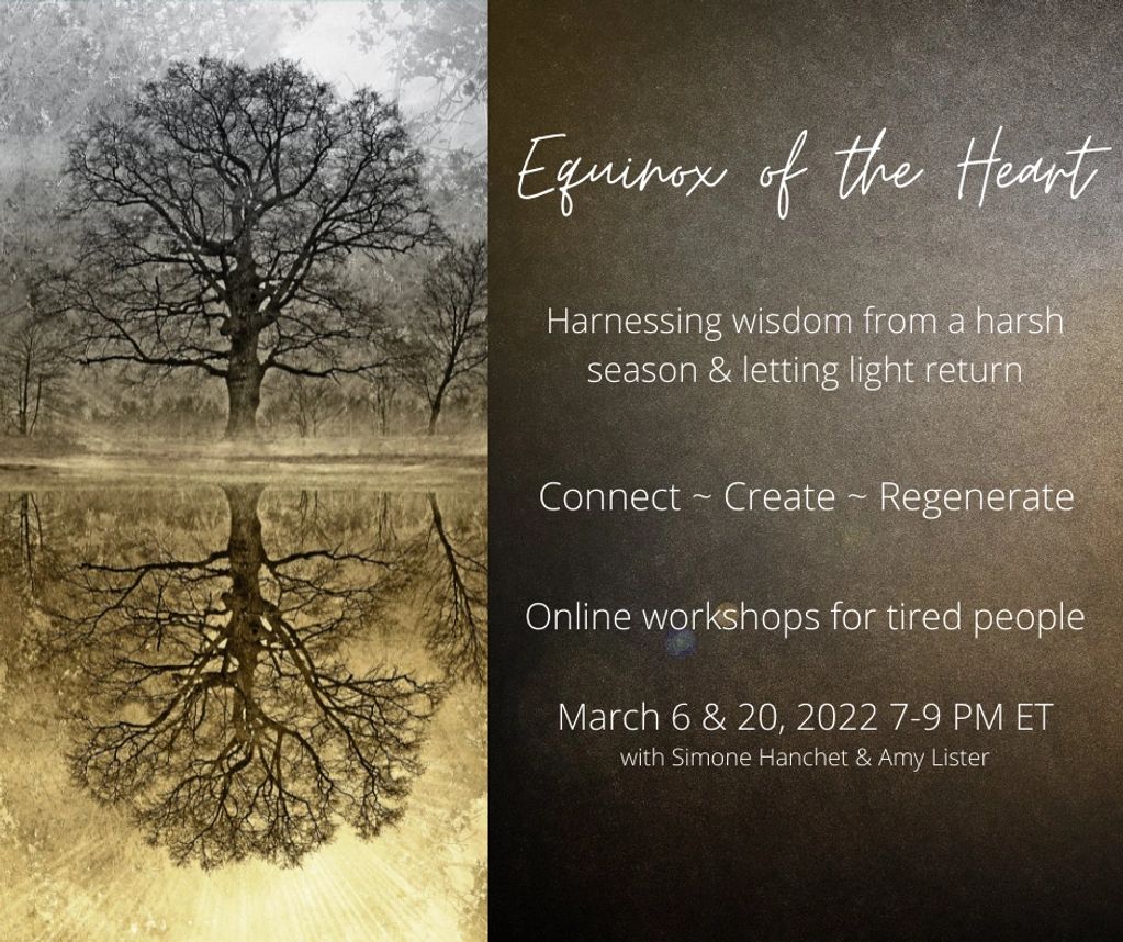 The Equinox of the Heart Workshop poster with the silhouette of a tree with no leaves reflected in t