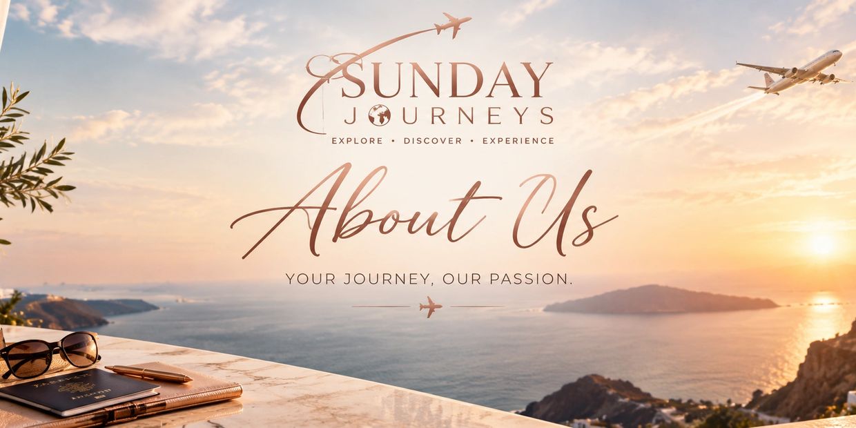 Travel agency banner with sunset and airplane imagery.