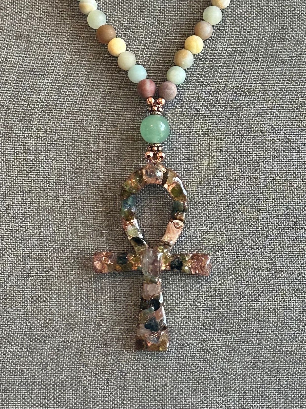 Orgonite Ankh Mala made with Rainbow Tourmaline, Clear Quartz and Copper flakes and Amazonite beads.