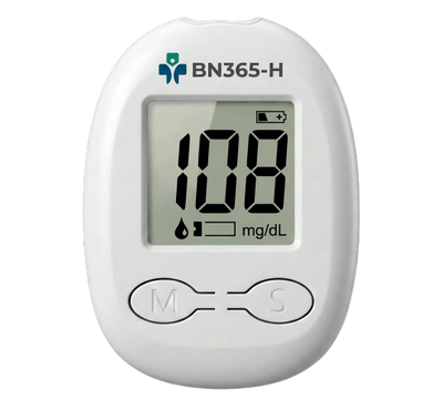 Blood glucose meter showing 108 mg/dL reading.