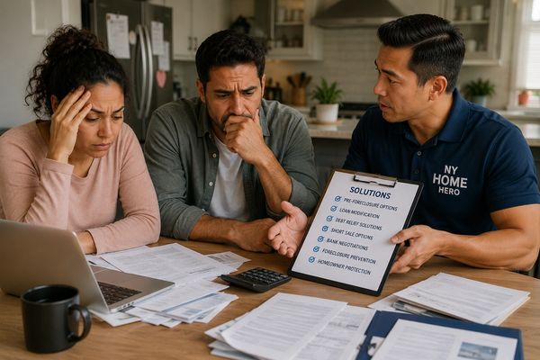 Couple discussing foreclosure solutions with a consultant at home.