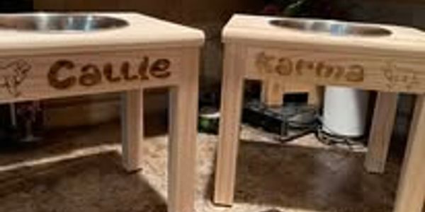 Two personalized elevated pet feeders with names Caillie and Karissa.