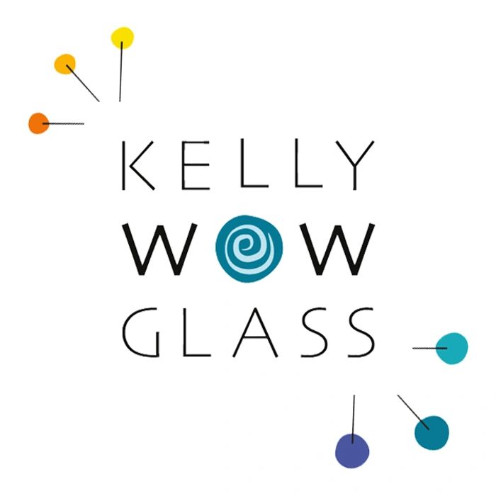 Text Kelly Wow Glass. O is blue dot with spiral inside. divided color starburst on the corners.