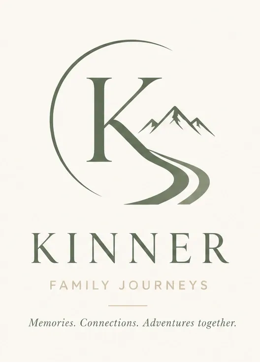Logo for Kinner Family Journeys with a mountain and road design.