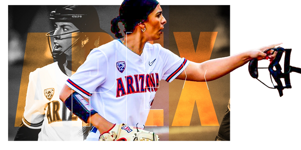 Arizona softball player in action, pointing with intensity.